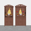 Two Wooden Buddhist Shrine Cabinets With Carved Decorations Buddha Statue Offerings And Red Lanterns