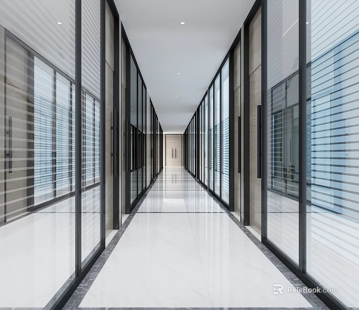 Modern Office Corridor Interior With Glass Partitions Metal Frames And Sleek Flooring 3d model 