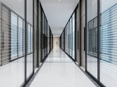 Modern Office Corridor Interior With Glass Partitions Metal Frames And Sleek Flooring 3d model