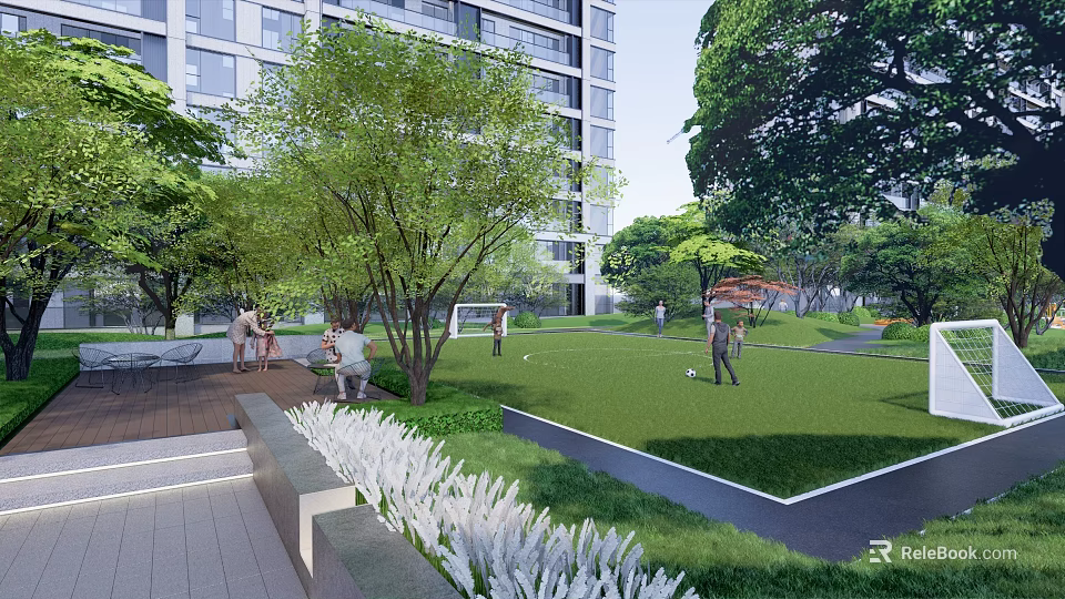 Green Football Field with Lush Trees in Residential Area People Playing Football 3d model 
