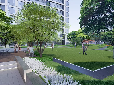 Green Football Field with Lush Trees in Residential Area People Playing Football 3d model