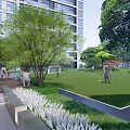 Green Football Field with Lush Trees in Residential Area People Playing Football