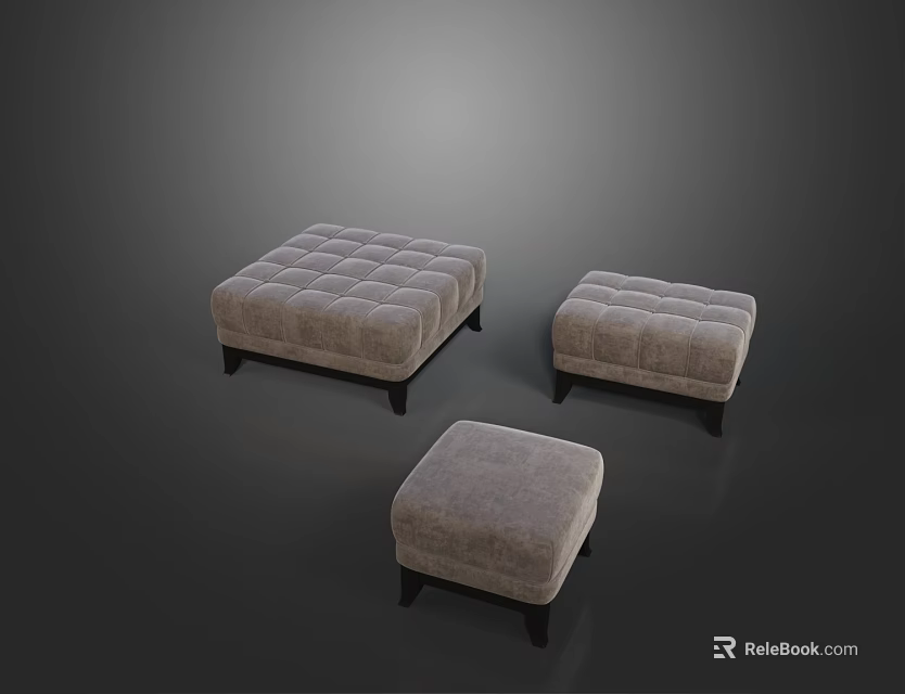 Modern Light Gray Tufted Ottomans with Black Legs in Three Sizes for Living Room Decor 3d model 