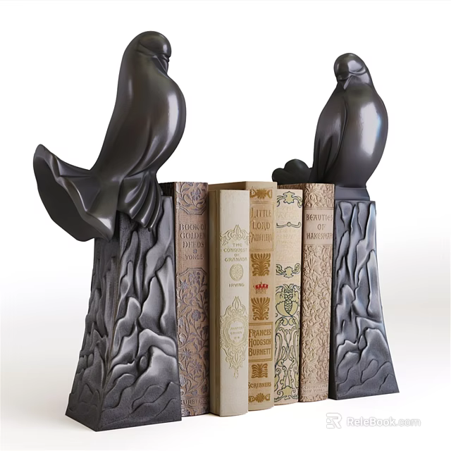 Black Bird Shaped Bookends Holding Books With Various Colors And Designs 3d model 