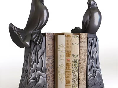 Black Bird Shaped Bookends Holding Books With Various Colors And Designs 3d model