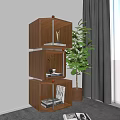 Three Tier Wooden Shelving Unit With Books Magazines Cup And Green Plant Near Grey Curtains