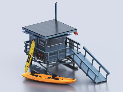 Blue Lifeguard Tower Model With Wooden Staircase Yellow Surfboard And Orange Kayak 3d model