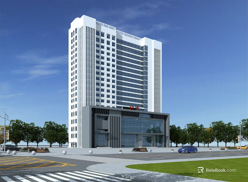 Modern Tall Office Building With White Gray Exterior Glass Facade Surrounded by Trees Road Area 3d model 