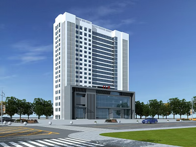 Modern Tall Office Building With White Gray Exterior Glass Facade Surrounded by Trees Road Area 3d model