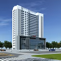 Modern Tall Office Building With White Gray Exterior Glass Facade Surrounded by Trees Road Area