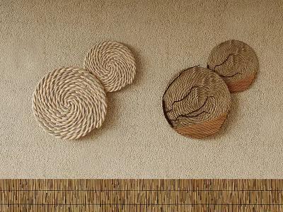 Beige Wall Adorned With Woven Round Decor Spiral Patterns Branch Designs And Bamboo Texture Trim 3d model