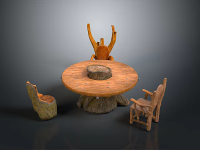Natural Rustic Wooden Furniture Set With Tree Stump Round Table And Handcrafted Chairs 3d model
