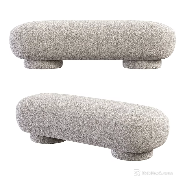 Plush Gray Sofa Bench With Rounded Shape And Short Cylindrical Legs 3d model 