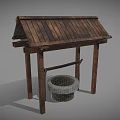 Rustic Traditional Well Structure with Wooden Roof Frame and Stone Basin