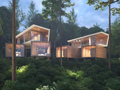 Modern Detached Villa Surrounded by Lush Trees With Wooden Facade and Large Glass Windows 3d model