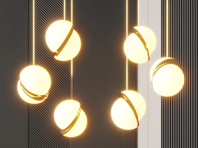 Modern Illuminated Spherical Pendant Lights With Golden Rings Hanging In Dark Striped Interior 3d model