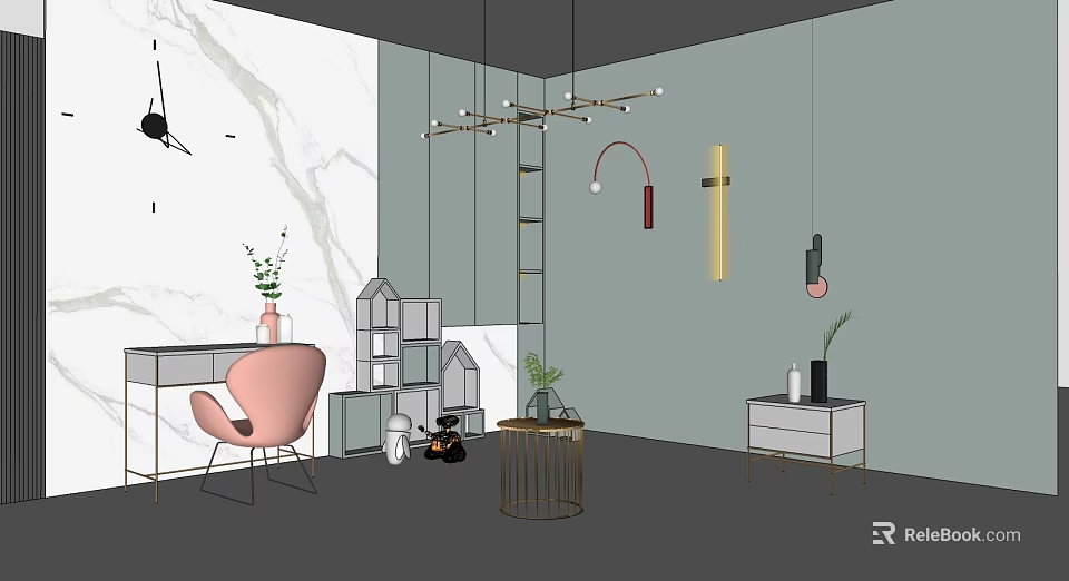 Modern Pendant Lights In Living Room With Various Designs And Decorative Elements 3d model 