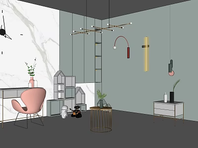 Modern Pendant Lights In Living Room With Various Designs And Decorative Elements 3d model