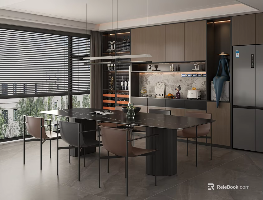 Modern Restaurant Interior With Round Dining Table And Chairs Dark Cabinets And Marble Countertop 3d model 