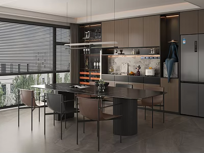 Modern Restaurant Interior With Round Dining Table And Chairs Dark Cabinets And Marble Countertop 3d model