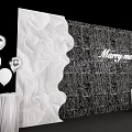 Floral Art Installation for Wedding Proposal with White Wavy Decor Black Backdrop Balloons and Columns