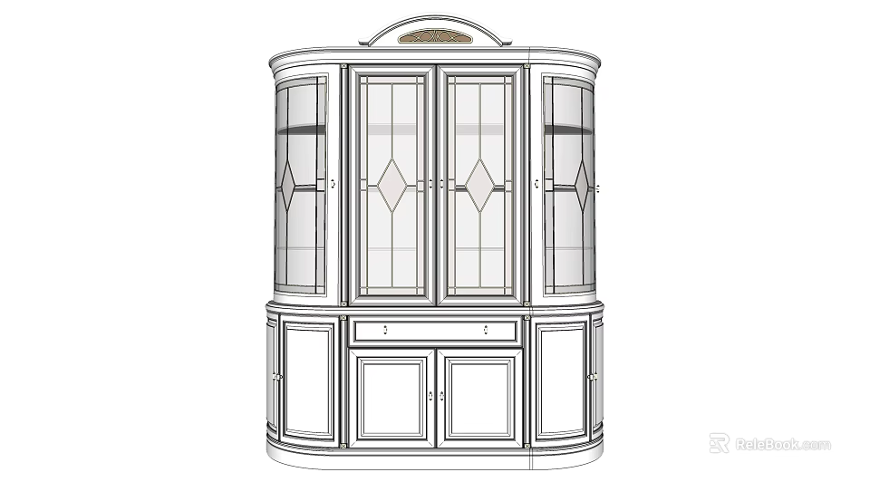 Traditional Decorative Cabinet With Arched Top Glass Doors Diamond Pattern And Wooden Storage 3d model 