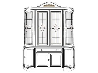 Traditional Decorative Cabinet With Arched Top Glass Doors Diamond Pattern And Wooden Storage 3d model