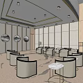 Elegant Modern Hotel Public Lounge Interior With Circular Carpet Sofas And Curtains 3d model