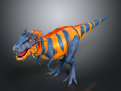 3D Dinosaur Character With Blue And Orange Striped Body And Spiked Head 3d model