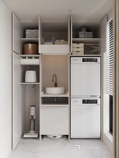 Practical Home Balcony With White Storage Cabinets Drawers Shelves Sink Washing Machine Dryer And Blinds 3d model 