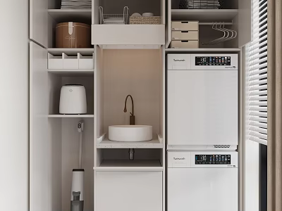Practical Home Balcony With White Storage Cabinets Drawers Shelves Sink Washing Machine Dryer And Blinds 3d model
