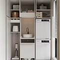 Practical Home Balcony With White Storage Cabinets Drawers Shelves Sink Washing Machine Dryer And Blinds