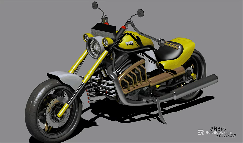 Yellow and Black Modern Motorcycle with Round Headlight Tall Handlebars and Black Seat 3d model 