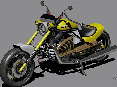 Yellow and Black Modern Motorcycle with Round Headlight Tall Handlebars and Black Seat 3d model