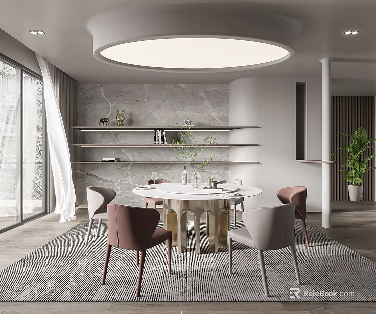 Modern Restaurant Interior Design With Round Dining Table Chairs Shelves Ceiling Light And Green Plant 3d model 