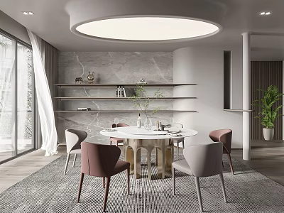 Modern Restaurant Interior Design With Round Dining Table Chairs Shelves Ceiling Light And Green Plant 3d model
