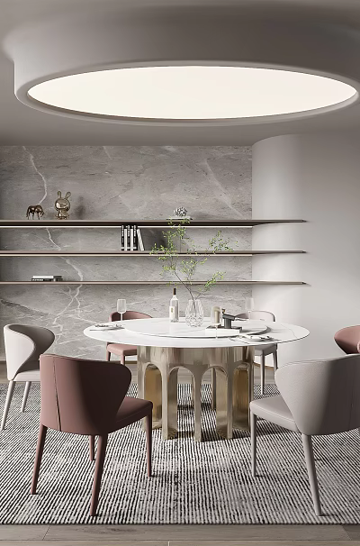 Modern Restaurant Interior Design With Round Dining Table Chairs Shelves Ceiling Light And Green Plant 3d model