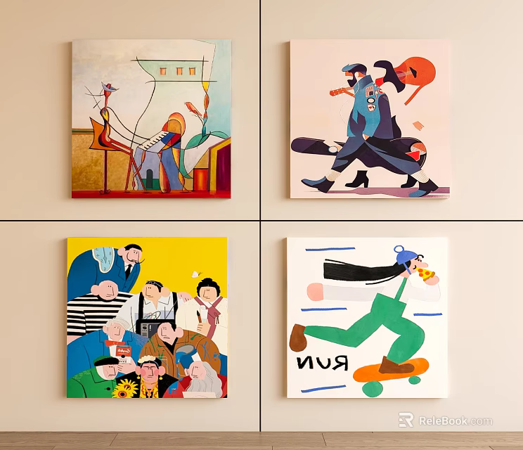 Vibrant Abstract Paintings Featuring Diverse Characters And Dynamic Scenes 3d model