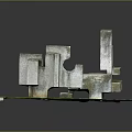 Architectural Landscape with Gray Concrete Structures Green Grass and Gray Ground 3d model