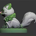 Cute Green And White Cat Like Creature With Large Red Eyes On Green Grass Base