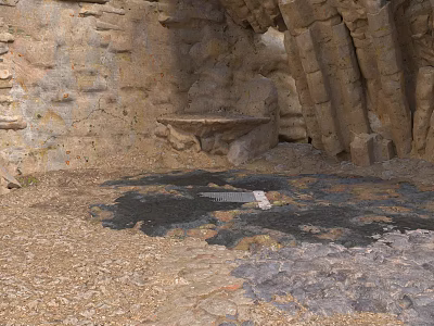 Cave Interior With Stone Walls Bench Gravel Floor Black Patches And Metal Grate 3d model