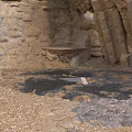 Cave Interior With Stone Walls Bench Gravel Floor Black Patches And Metal Grate