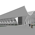 Modern Museum Building With Curved Roof White Gray Exterior Green Lawn And People Walking