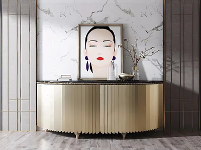 Luxury Gold Ribbed Console Cabinet With Marble Wall And Decorative Vase 3d model