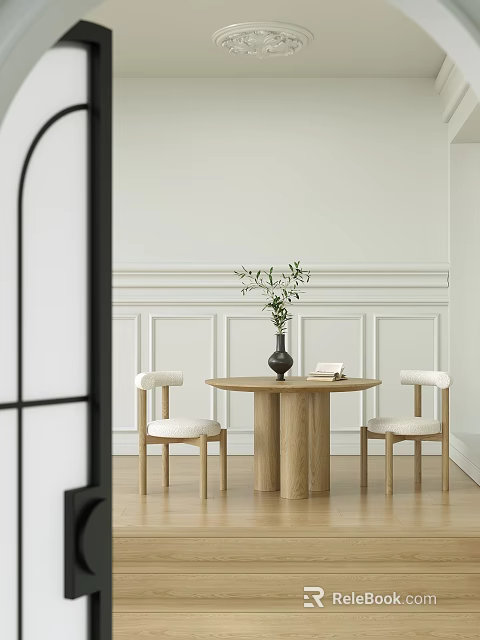 Wooden Round Dining Table Set With White Cushioned Chairs And Greenery Vase 3d model