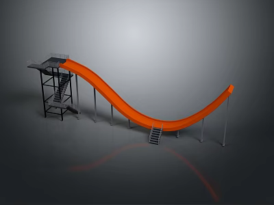 Outdoor Orange Curved Slide With Metal Support Structure And Staircase 3d model