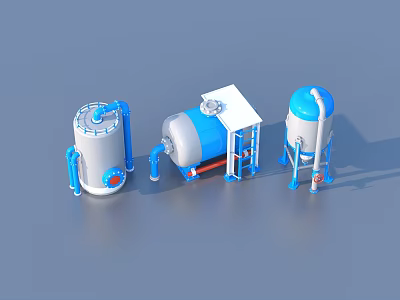 Industrial Equipment Including Three Blue And White Storage Tanks With Connected Pipes 3d model