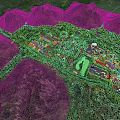 Scenic Amusement Park With Mountain Green Area Water Pool And Colorful Buildings