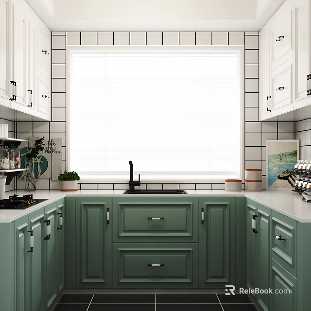 Green Kitchen Cabinets With White Tile Backsplash Window Blinds And Sink 3d model