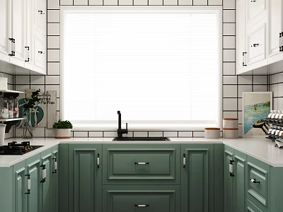 Green Kitchen Cabinets With White Tile Backsplash Window Blinds And Sink 3d model
